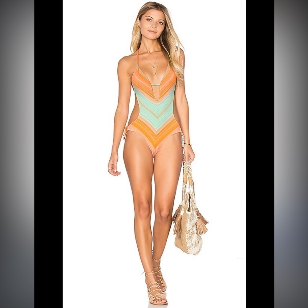 Vitamin A Chevron One-Piece Swimsuit in Orange and Mint